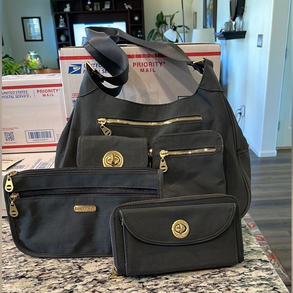 Baggallini San Marino Satchel Set Black Bag Wallet Pouch Bundle